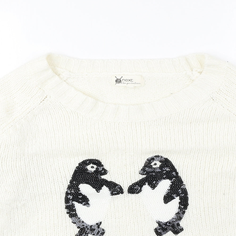NEXT Womens Ivory Round Neck Acrylic Pullover Jumper Size 14 - Penguin Detail
