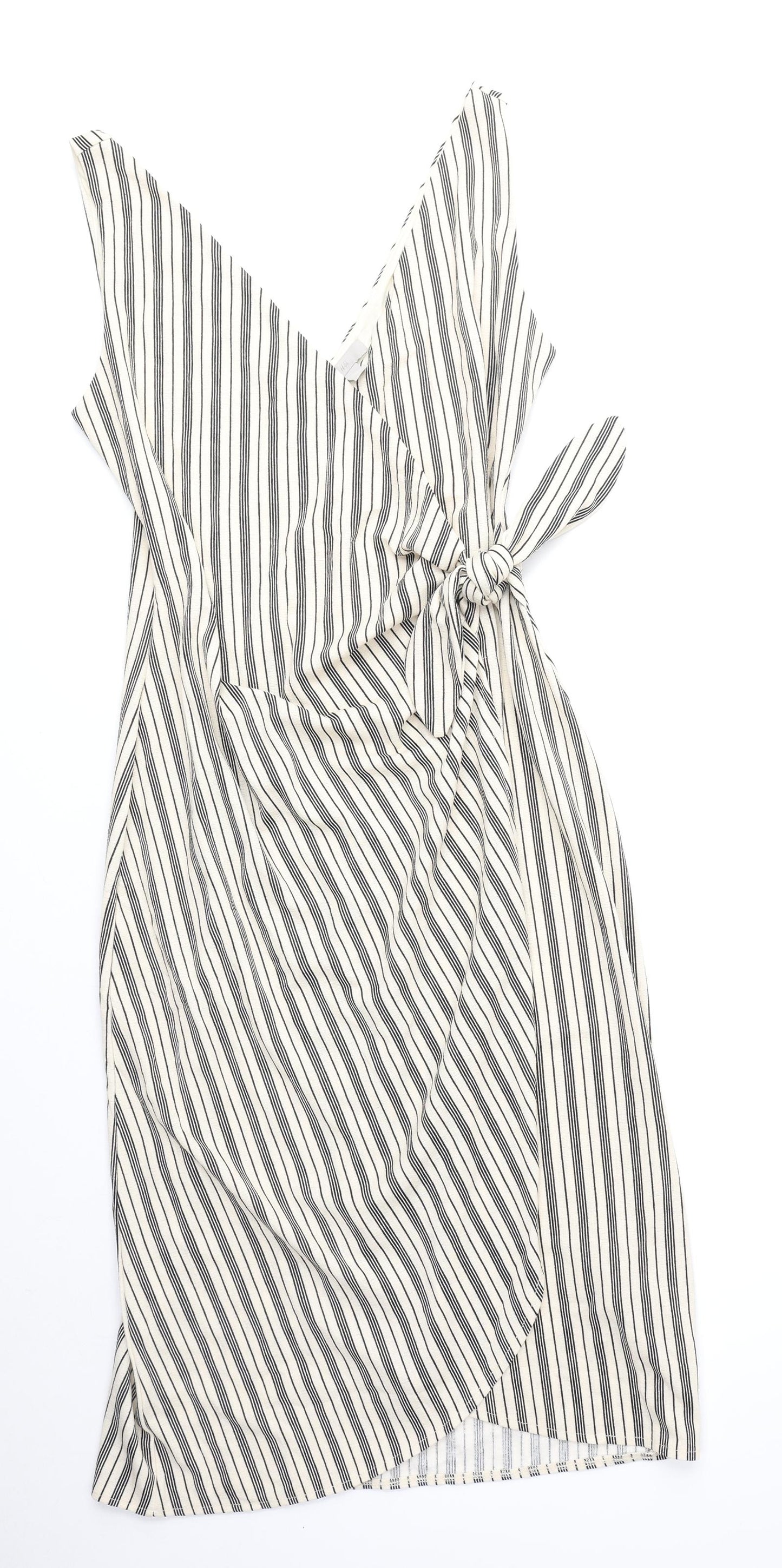 H&M Womens Beige Striped Polyester Wrap Dress Size M V-Neck Tie