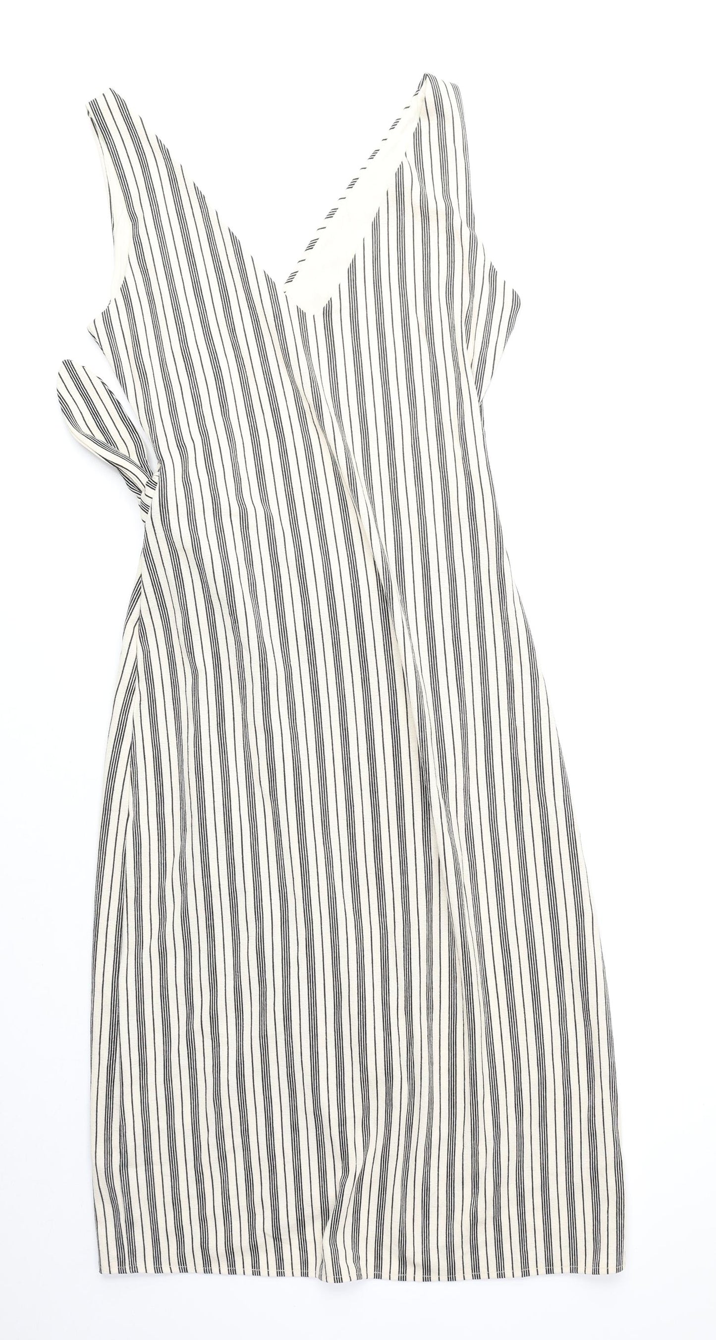 H&M Womens Beige Striped Polyester Wrap Dress Size M V-Neck Tie