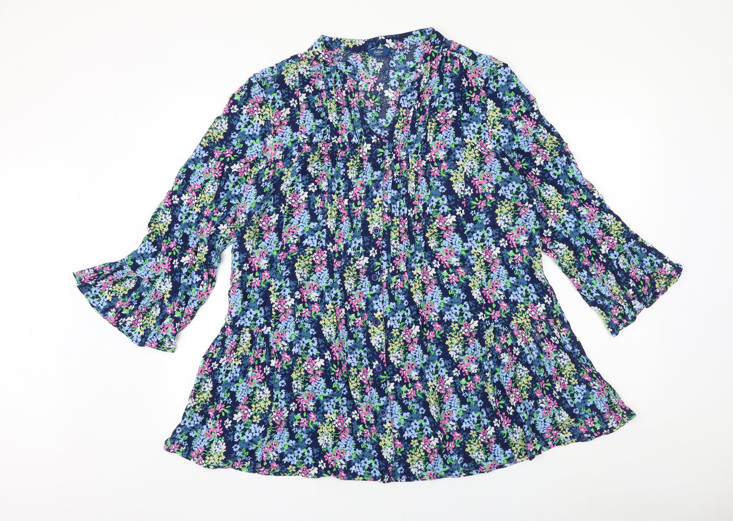 Cotton Traders Womens Blue Floral 100% Cotton Basic Button-Up Size 16 V-Neck