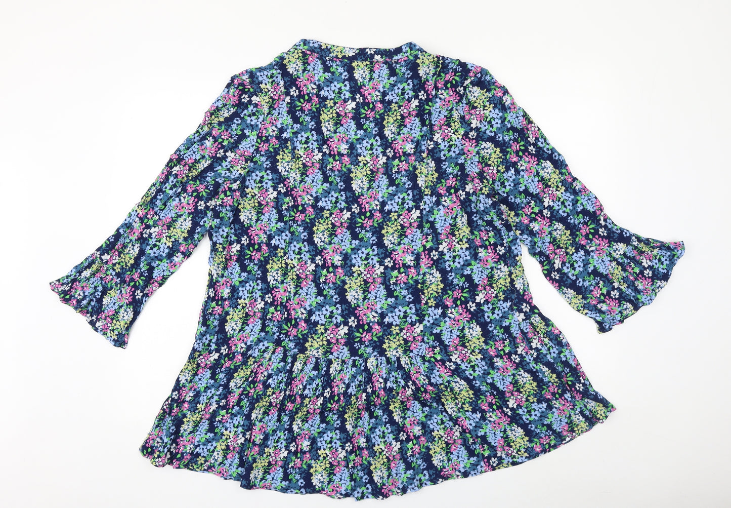 Cotton Traders Womens Blue Floral 100% Cotton Basic Button-Up Size 16 V-Neck