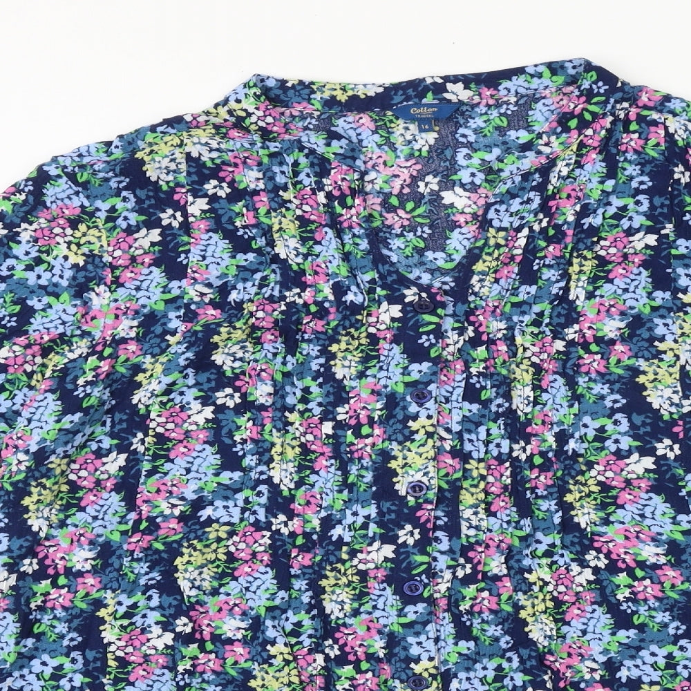 Cotton Traders Womens Blue Floral 100% Cotton Basic Button-Up Size 16 V-Neck