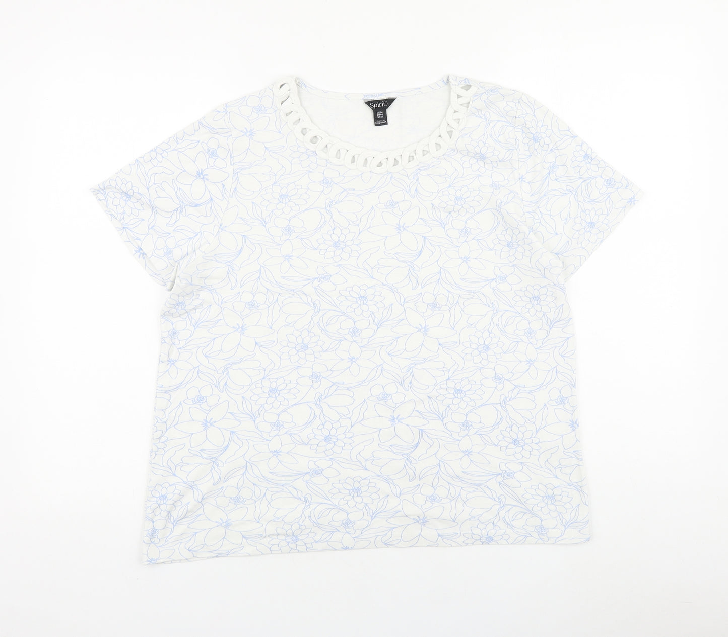 Spirit Womens Silver Floral 100% Cotton Basic T-Shirt Size 14 Round Neck