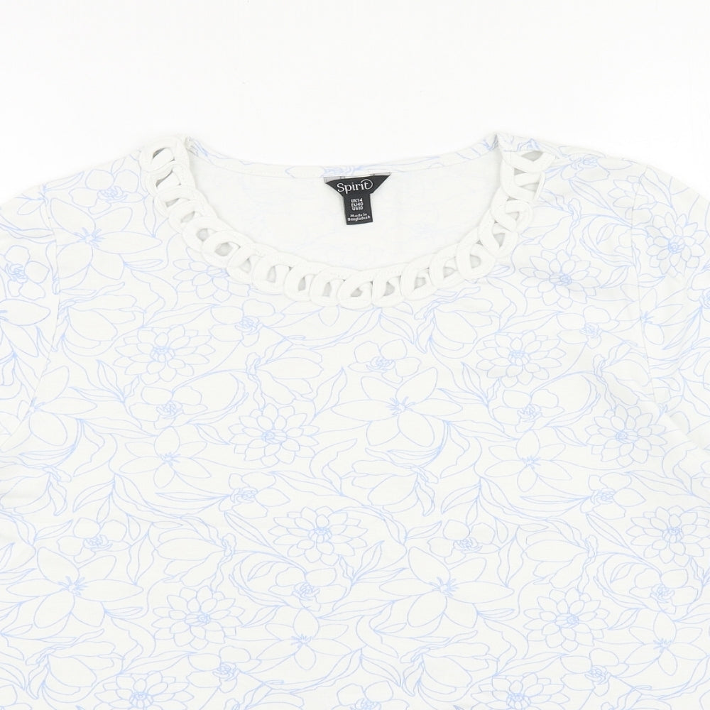 Spirit Womens Silver Floral 100% Cotton Basic T-Shirt Size 14 Round Neck