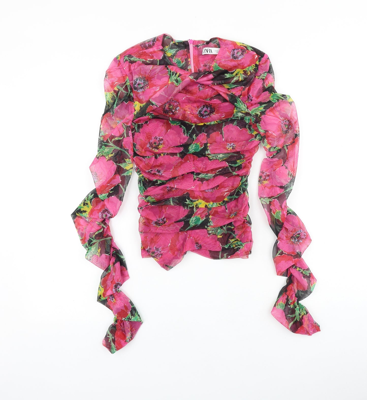 Zara Womens Multicoloured Floral Polyester Basic Blouse Size M Round Neck - Ruched
