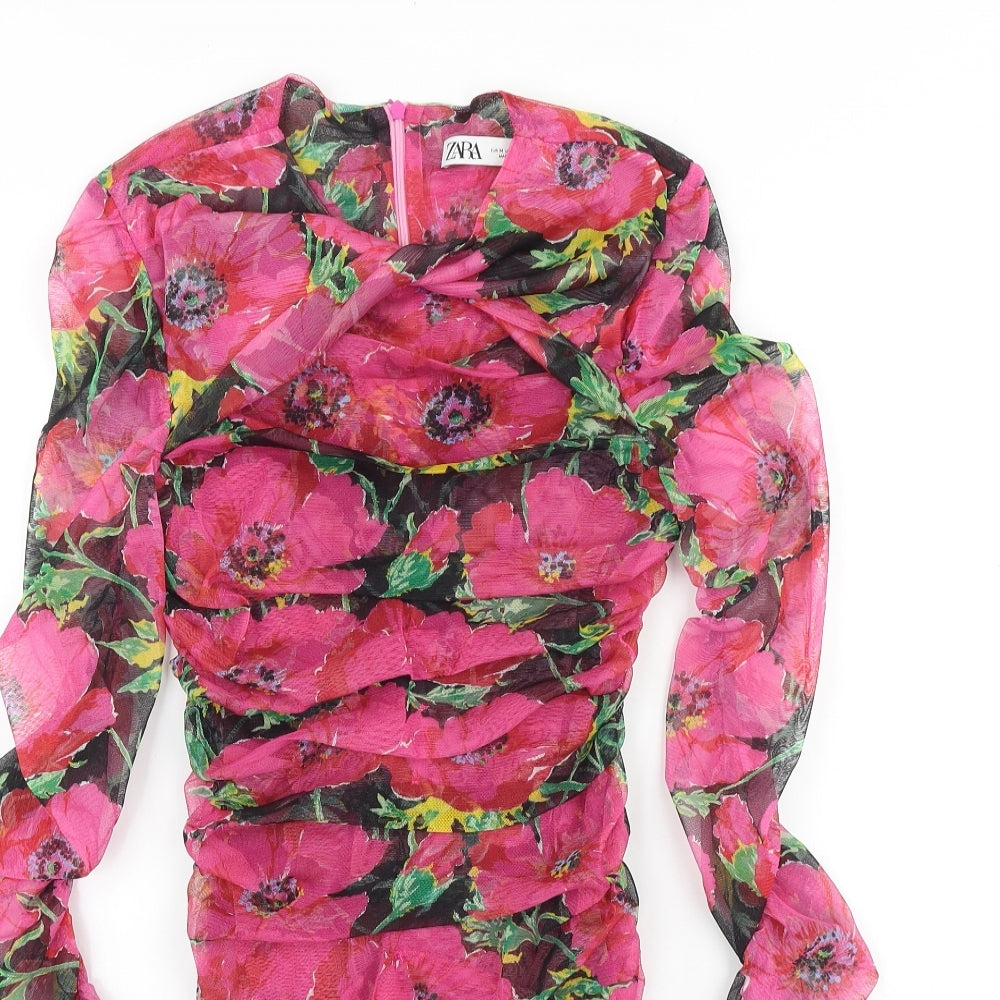 Zara Womens Multicoloured Floral Polyester Basic Blouse Size M Round Neck - Ruched