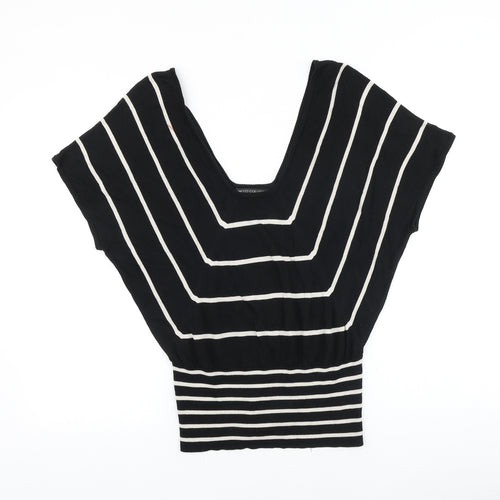 Limited collection Womens Black Striped 100% Cotton Basic T-Shirt Size M Square Neck