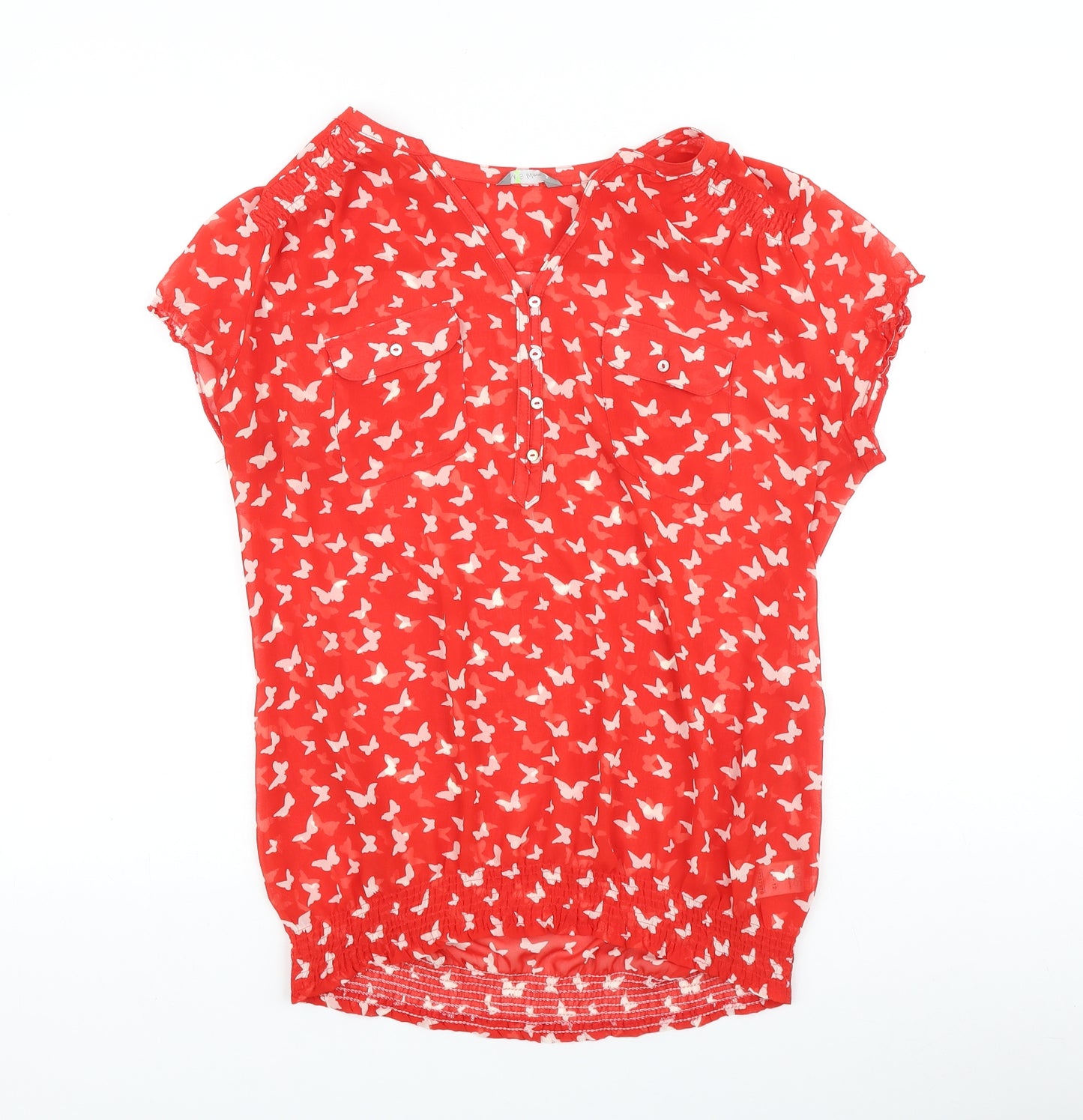 Marks and Spencer Womens Red Geometric Polyester Basic Blouse Size 12 V-Neck - Butterfly Pattern