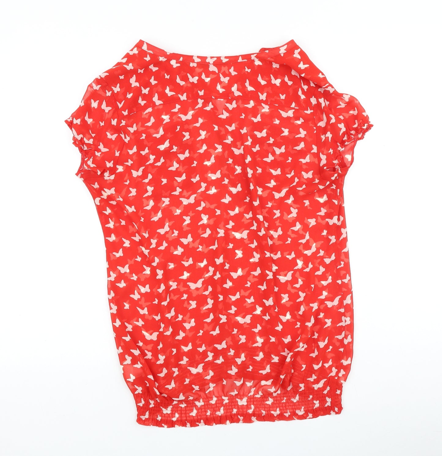 Marks and Spencer Womens Red Geometric Polyester Basic Blouse Size 12 V-Neck - Butterfly Pattern