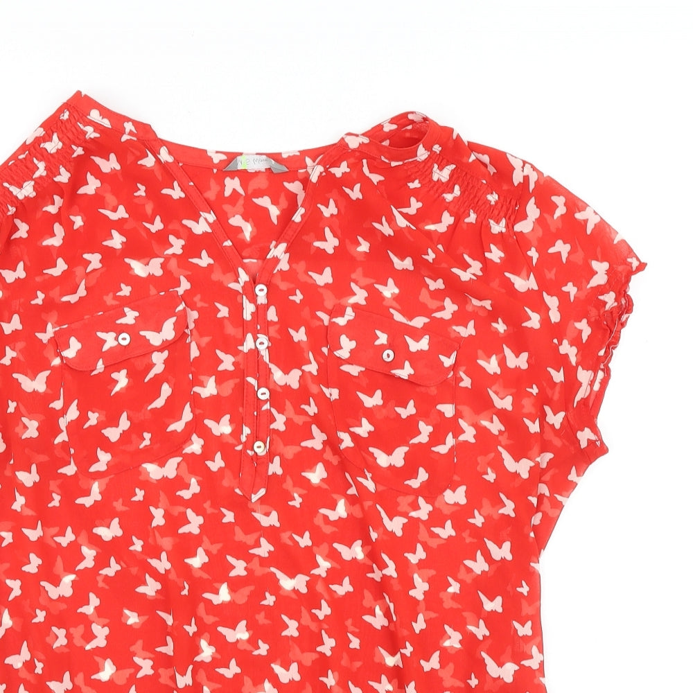 Marks and Spencer Womens Red Geometric Polyester Basic Blouse Size 12 V-Neck - Butterfly Pattern