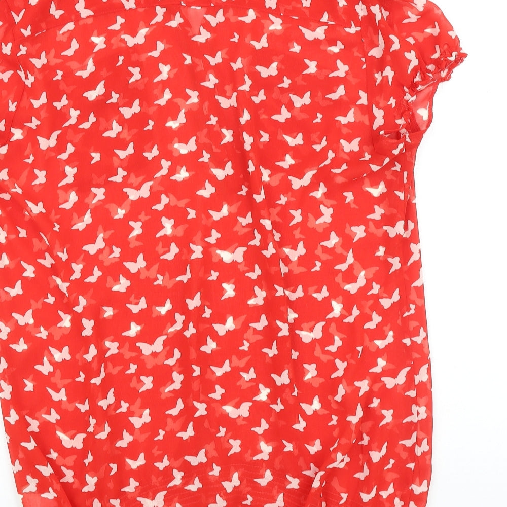 Marks and Spencer Womens Red Geometric Polyester Basic Blouse Size 12 V-Neck - Butterfly Pattern