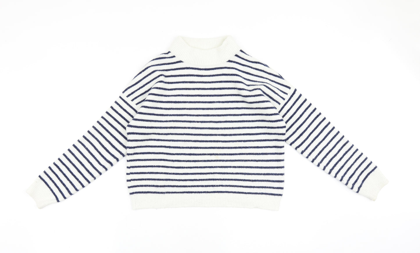 Miss Selfridge Womens Blue Mock Neck Striped 100% Cotton Pullover Jumper Size 6