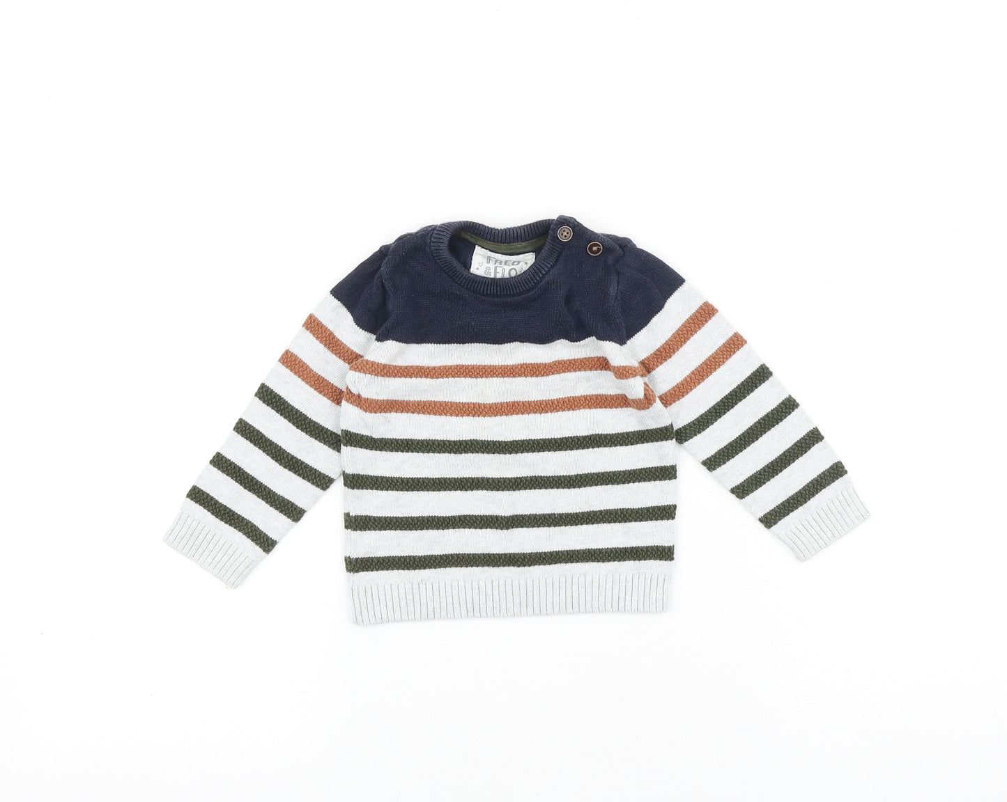 F&F Baby Multicoloured Striped 100% Cotton Pullover Jumper Size 9-12 Months Button