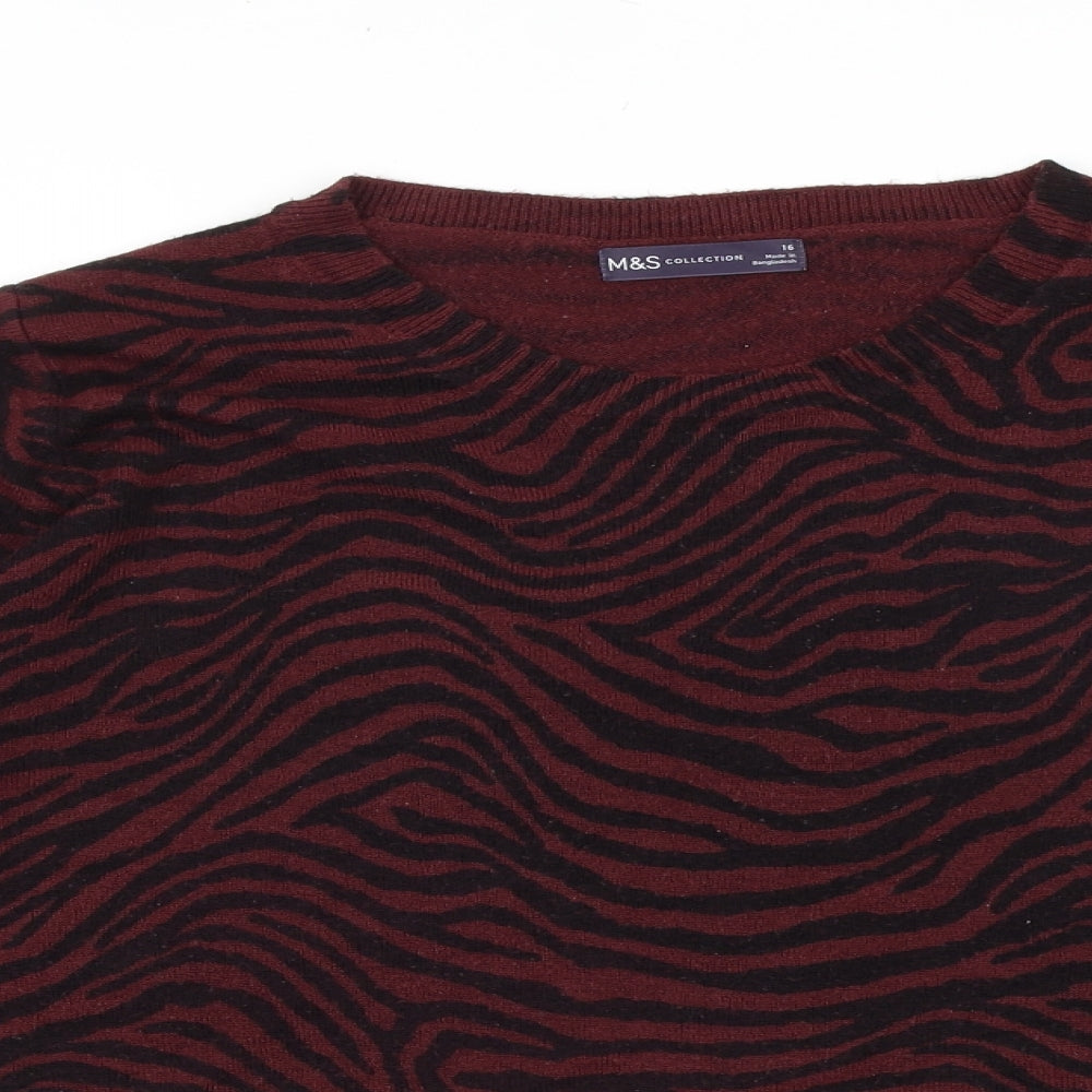 Marks and Spencer Womens Red Round Neck Animal Print 100% Cotton Pullover Jumper Size 16 - Zebra print