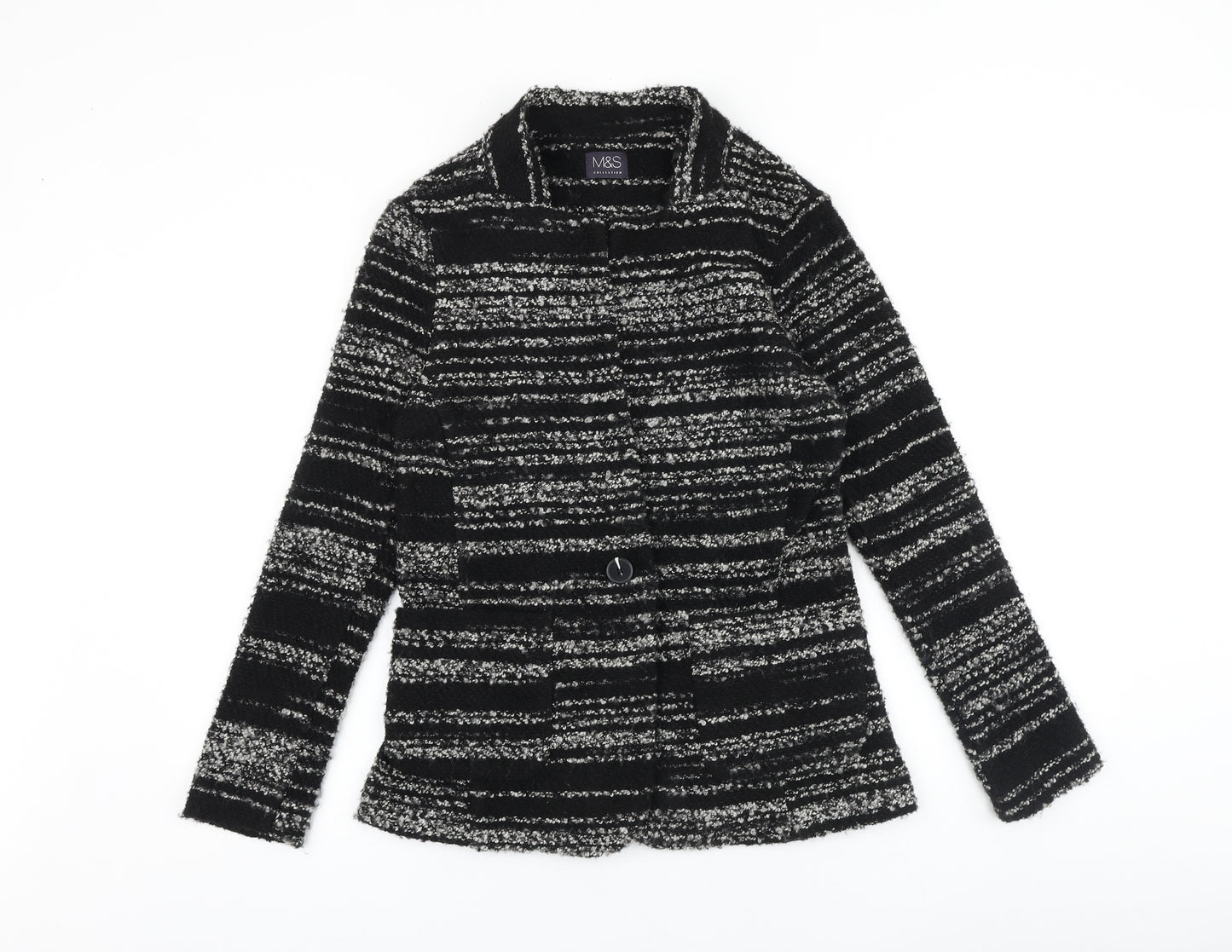 Marks and Spencer Womens Black Collared Striped 100% Cotton Cardigan Jumper Size 8