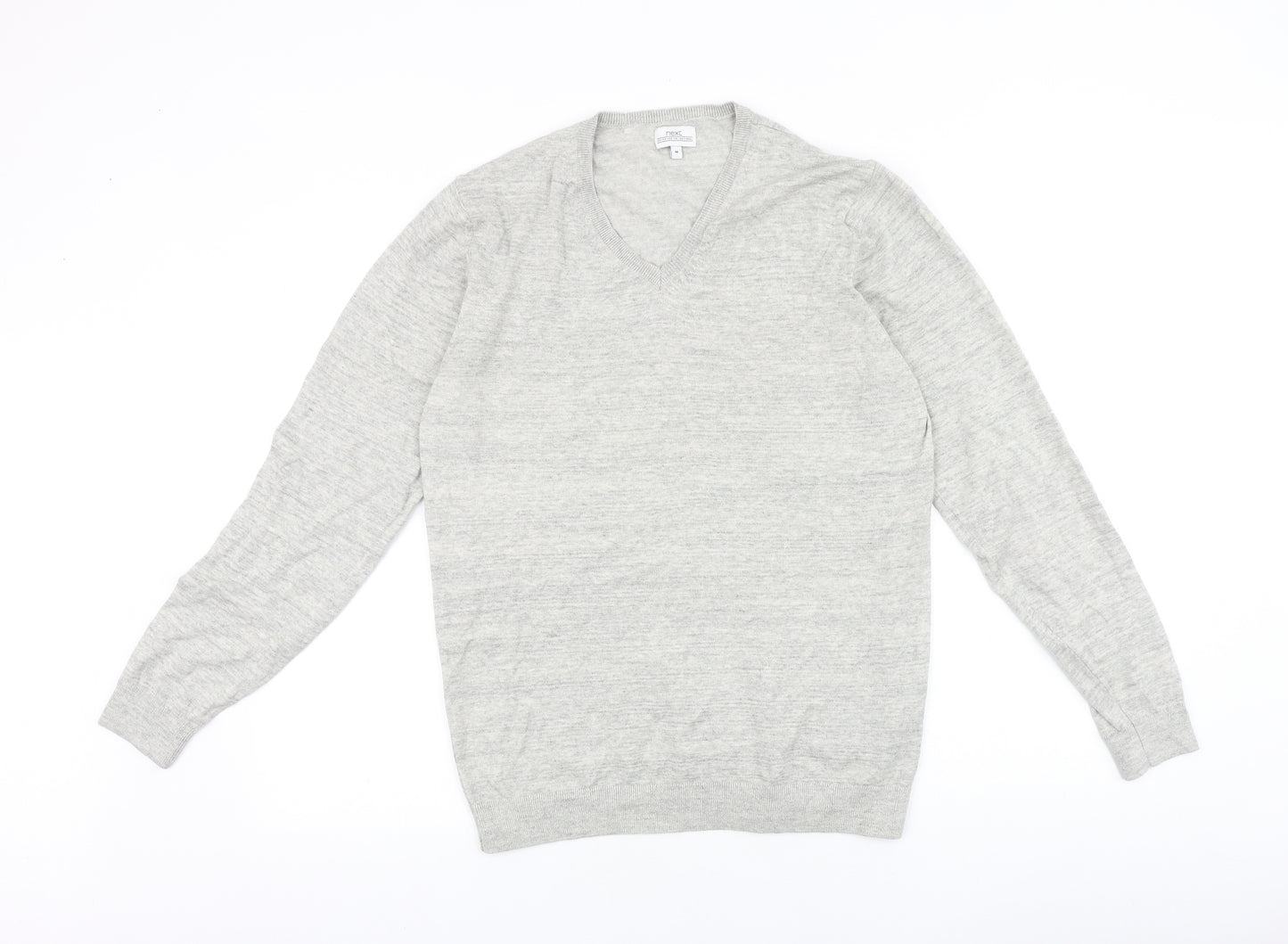 NEXT Mens Grey V-Neck Cotton Pullover Jumper Size M Long Sleeve