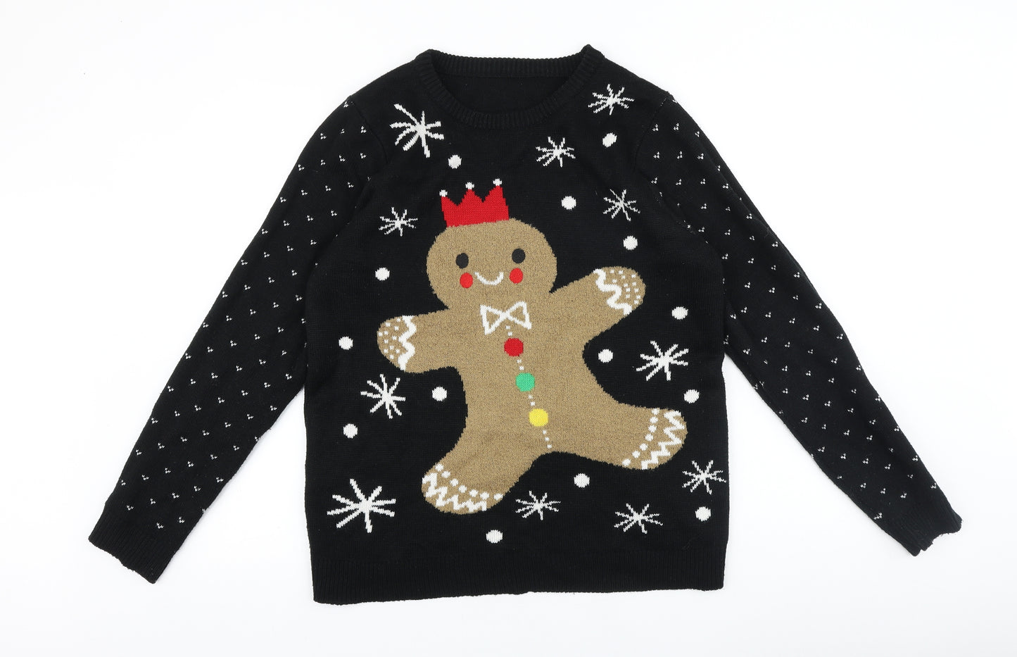 Nutmeg Womens Black Round Neck 100% Cotton Pullover Jumper Size 16 - Christmas