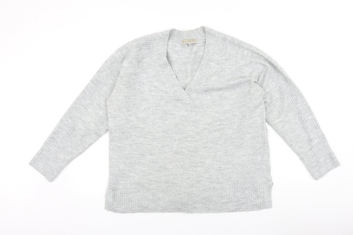 Nutmeg Womens Grey V-Neck 100% Cotton Pullover Jumper Size 12