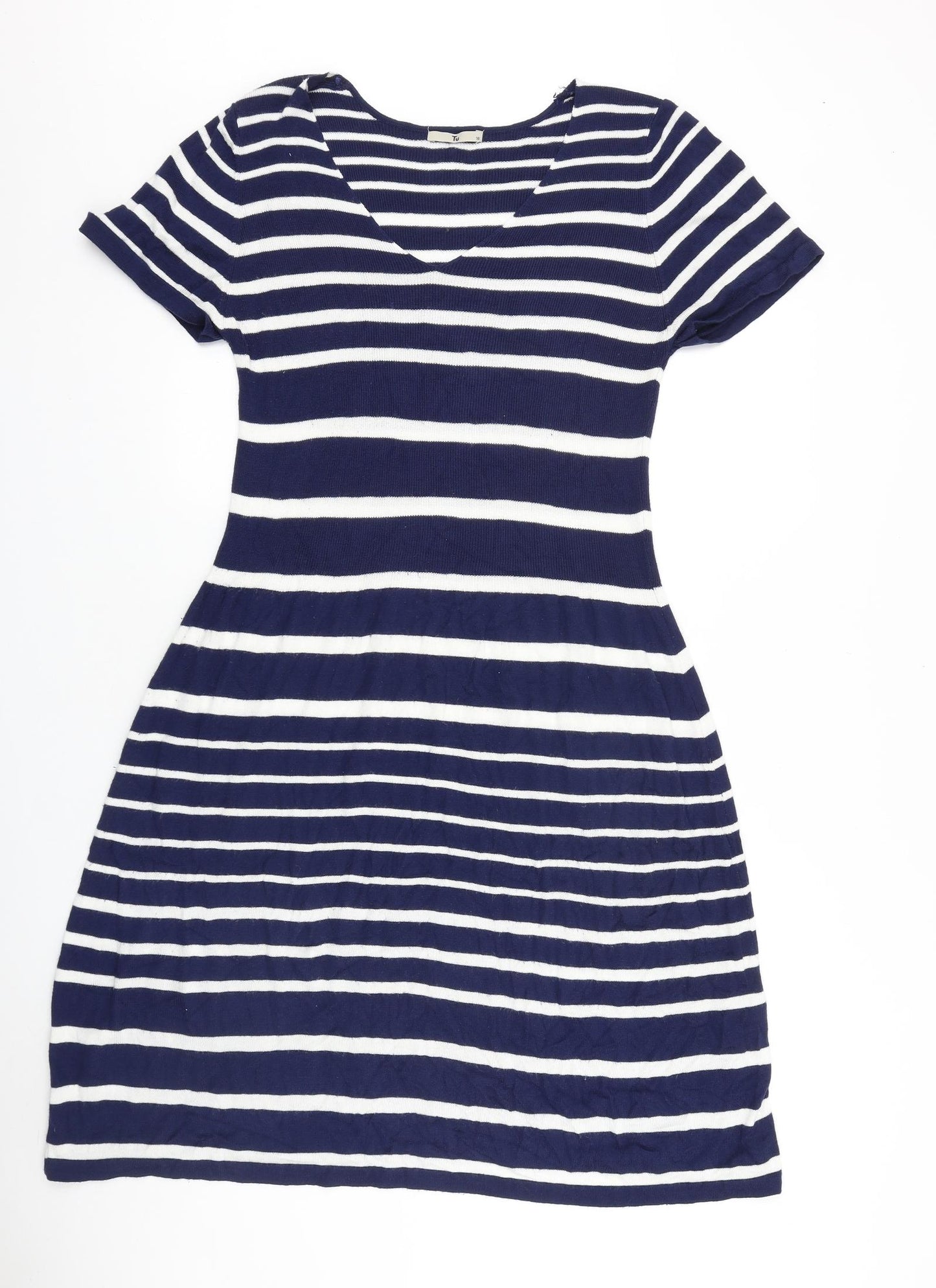 TU Womens Blue Striped 100% Cotton A-Line Size 18 V-Neck Pullover