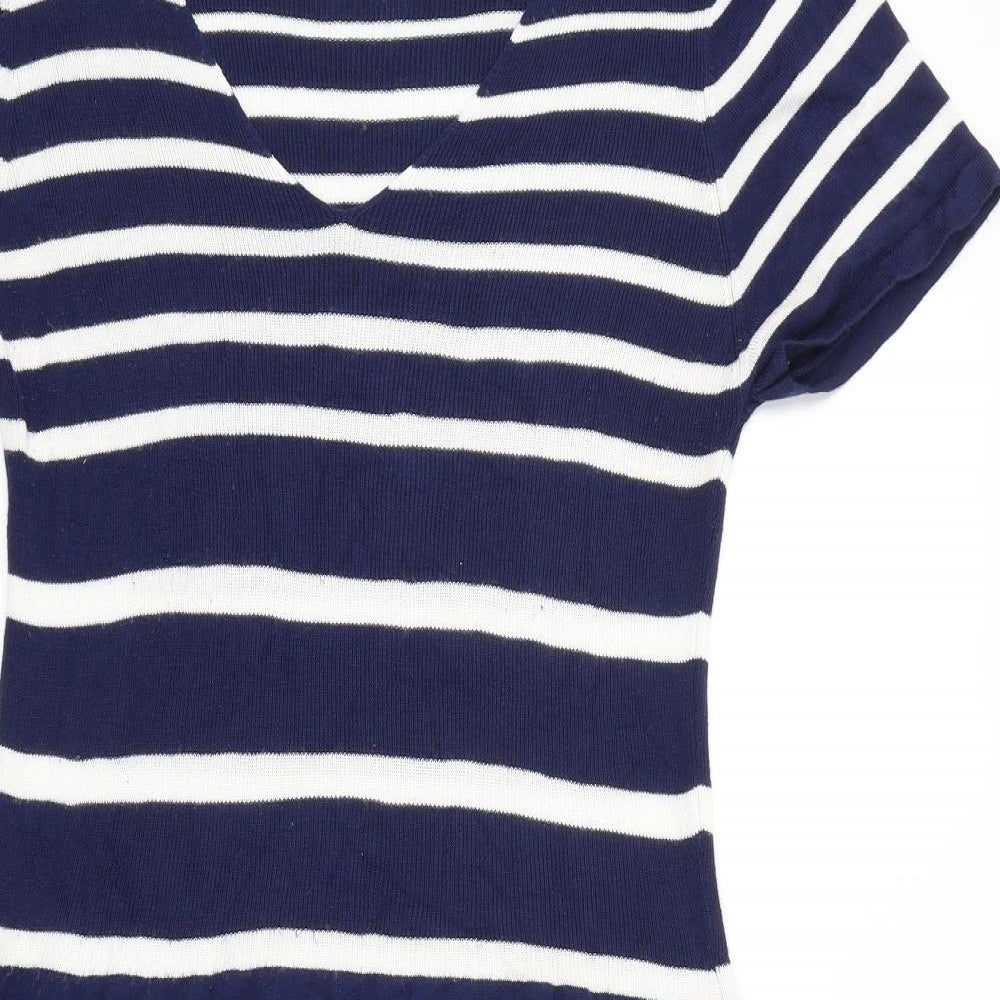 TU Womens Blue Striped 100% Cotton A-Line Size 18 V-Neck Pullover