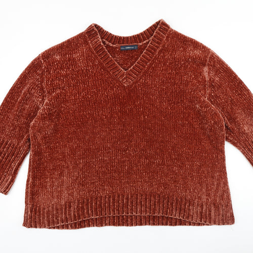 Zara Womens Red V-Neck 100% Cotton Pullover Jumper Size M
