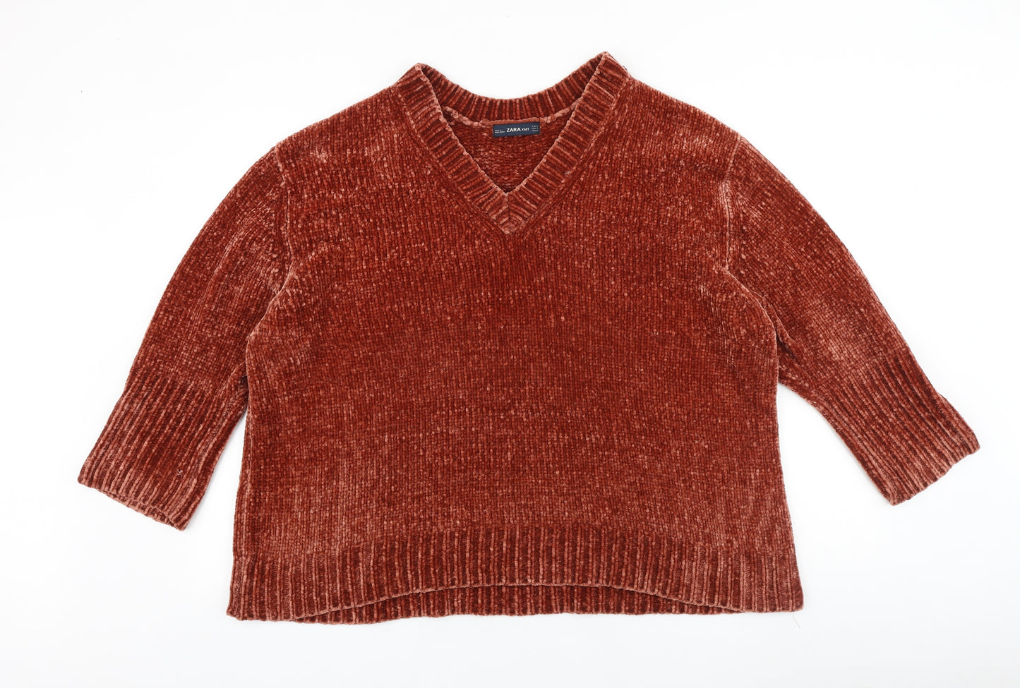 Zara Womens Red V-Neck 100% Cotton Pullover Jumper Size M