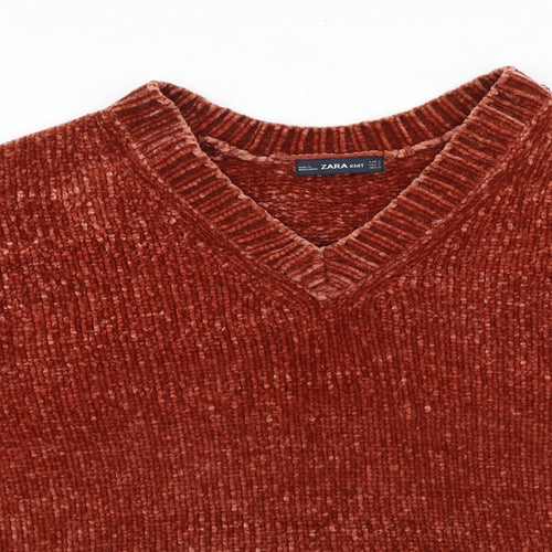 Zara Womens Red V-Neck 100% Cotton Pullover Jumper Size M
