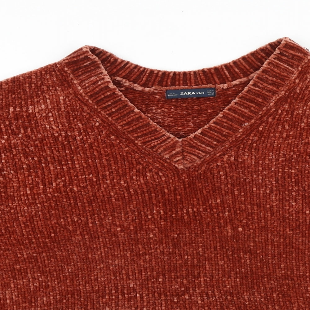 Zara Womens Red V-Neck 100% Cotton Pullover Jumper Size M