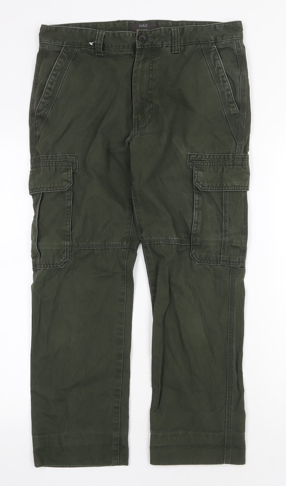 Marks and Spencer Mens Green Cotton Straight Jeans Size 32 in Regular Zip