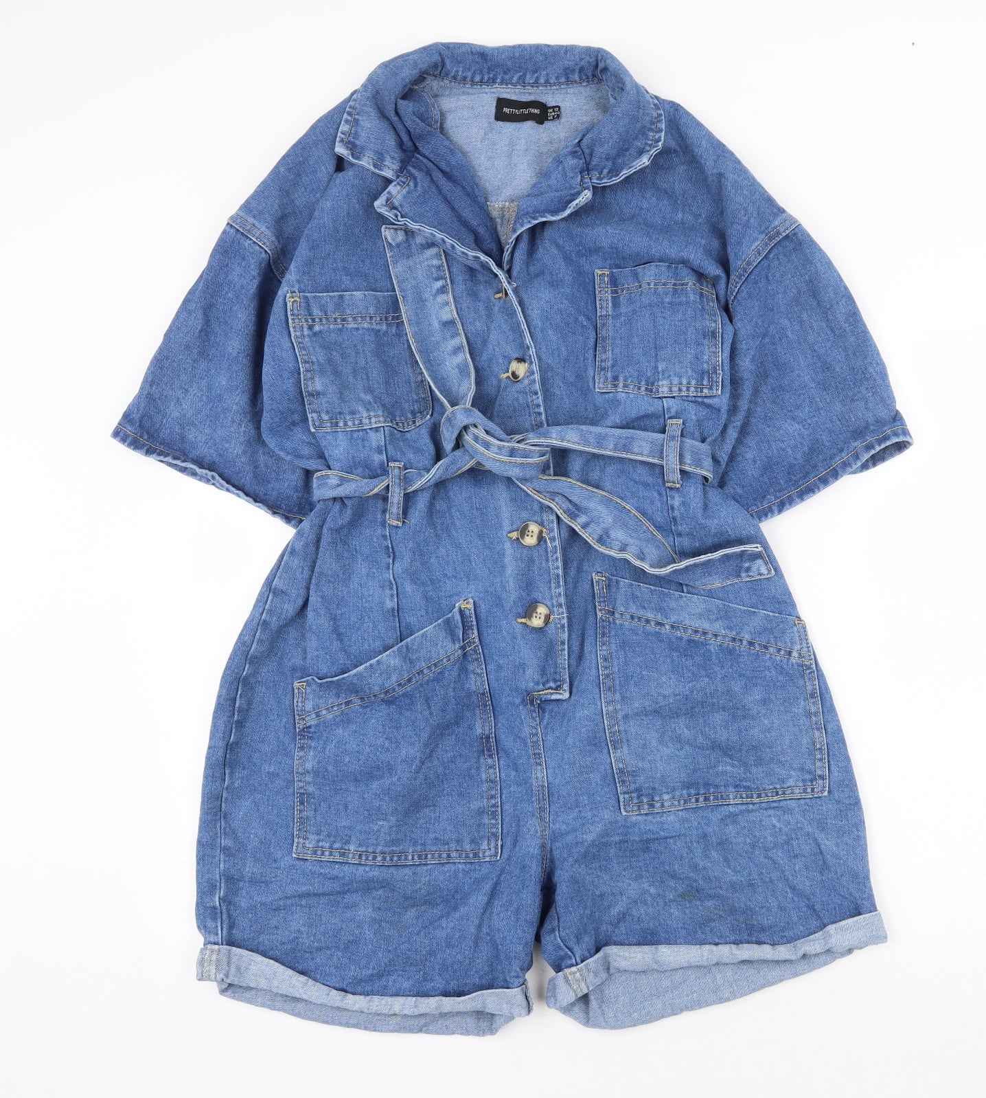 PRETTYLITTLETHING Womens Blue 100% Cotton Playsuit One-Piece Size 12 Button