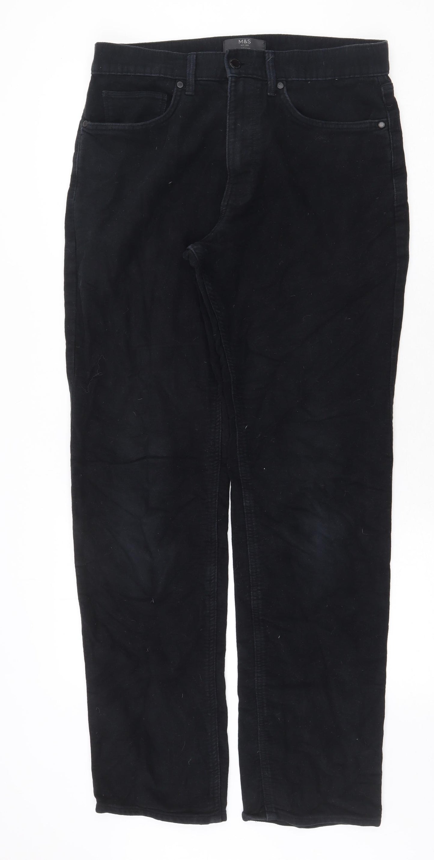 Marks and Spencer Mens Black Cotton Trousers Size 32 in Regular Zip