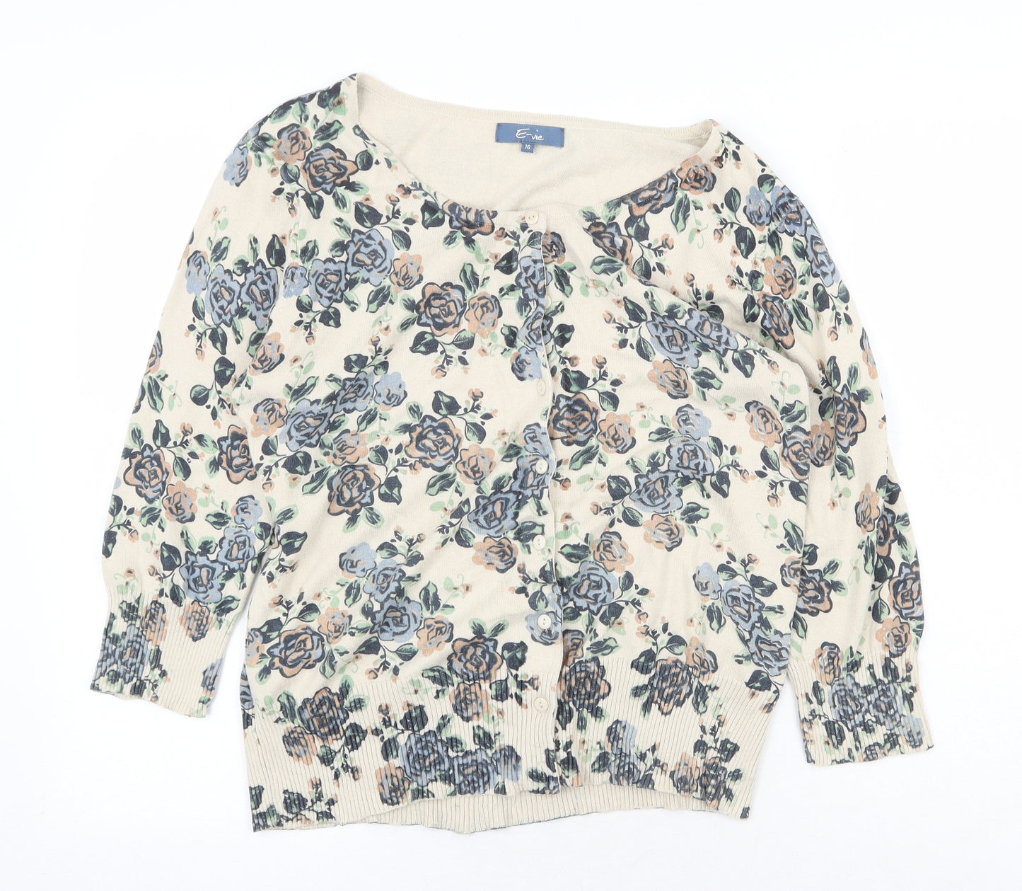 E-vie Womens Beige Round Neck Floral 100% Cotton Cardigan Jumper Size 16