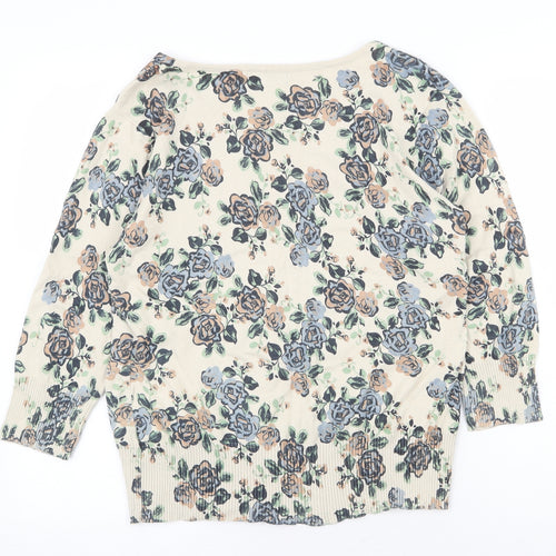 E-vie Womens Beige Round Neck Floral 100% Cotton Cardigan Jumper Size 16