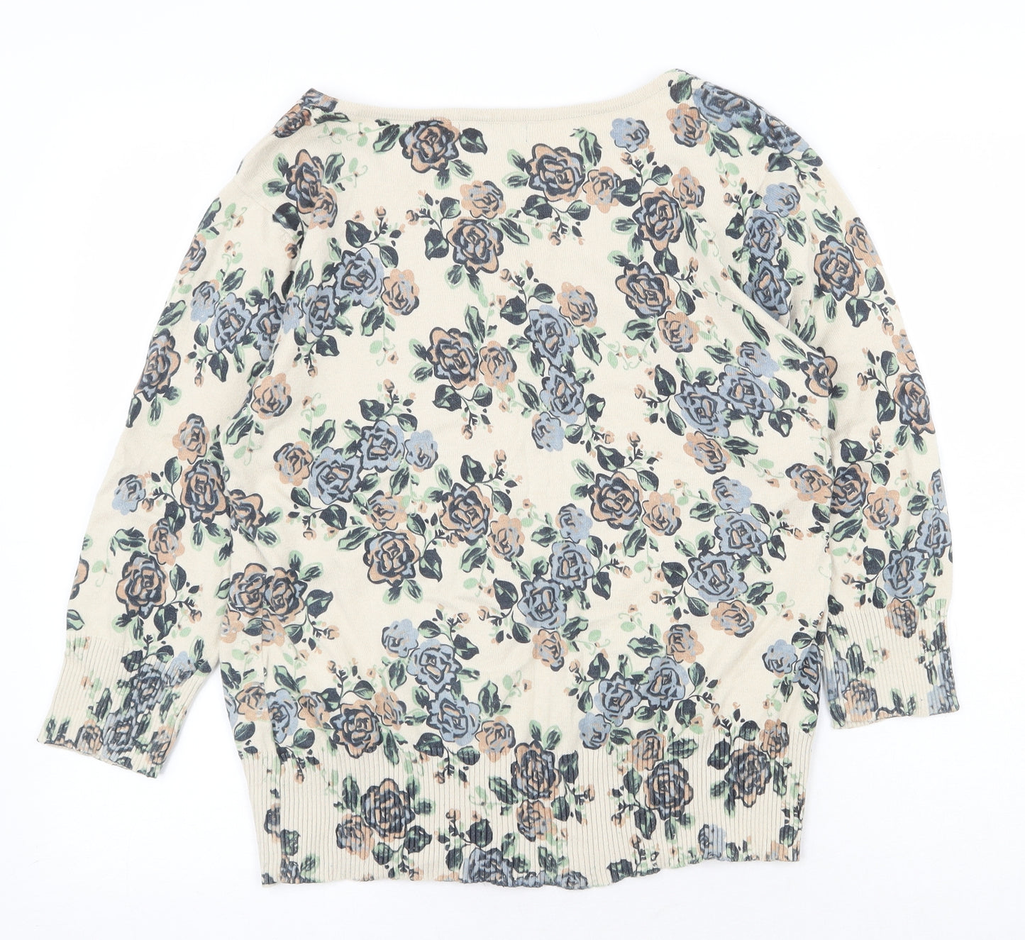E-vie Womens Beige Round Neck Floral 100% Cotton Cardigan Jumper Size 16