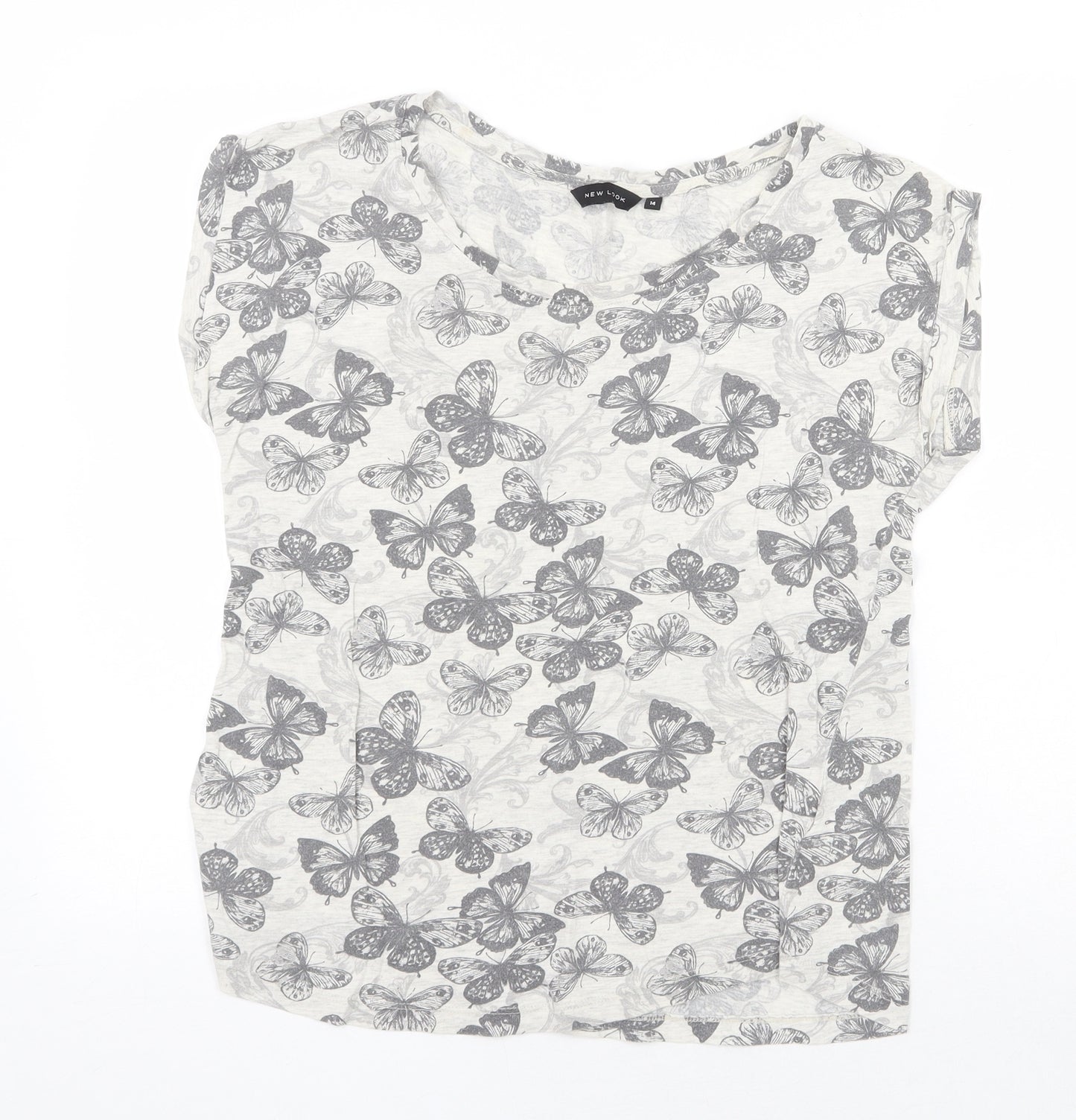 New Look Womens Grey Geometric Cotton Basic T-Shirt Size 14 Round Neck - Butterfly Pattern