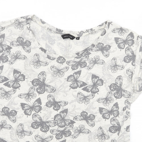 New Look Womens Grey Geometric Cotton Basic T-Shirt Size 14 Round Neck - Butterfly Pattern