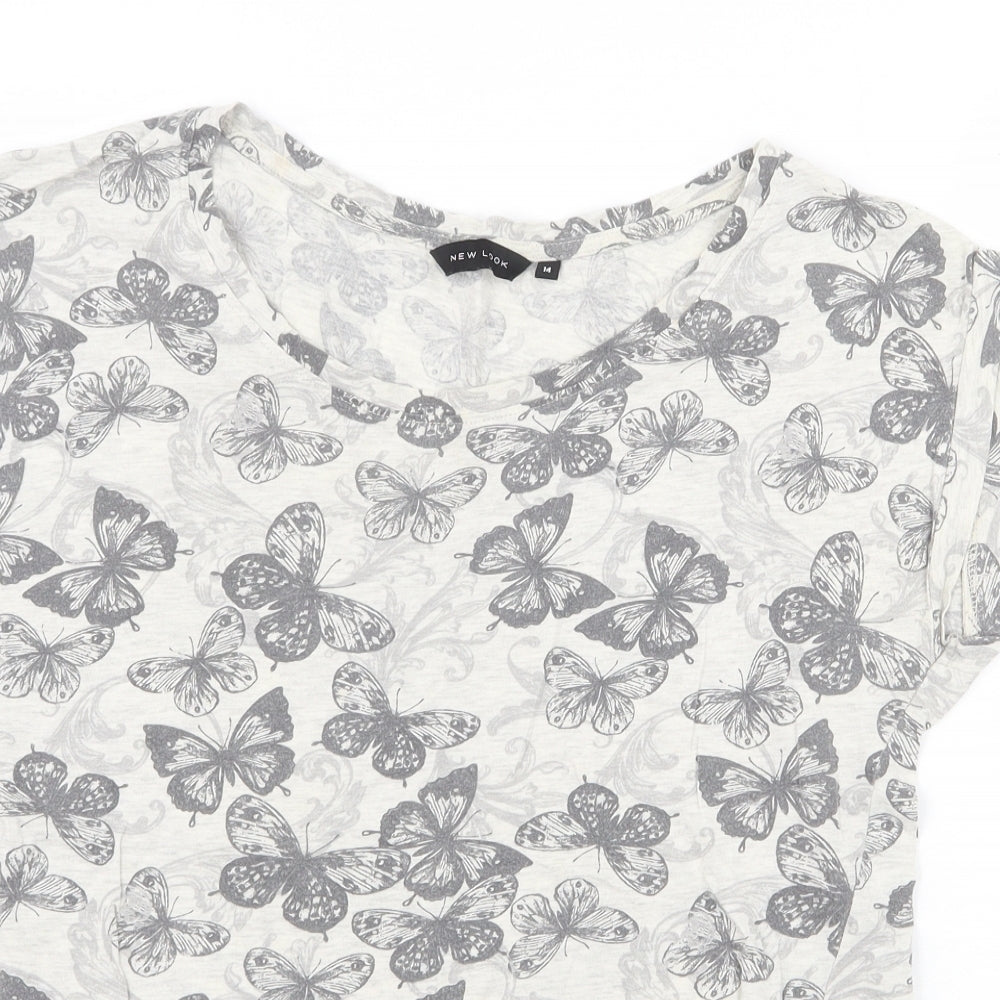New Look Womens Grey Geometric Cotton Basic T-Shirt Size 14 Round Neck - Butterfly Pattern