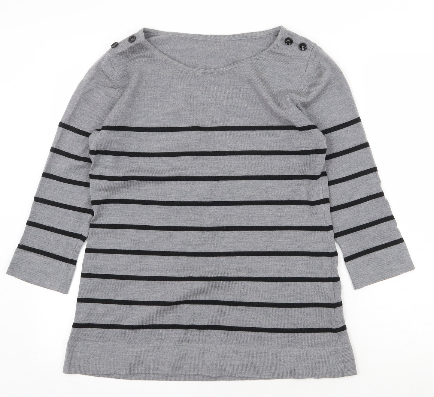 Jaeger Womens Grey Round Neck Striped Wool Pullover Jumper Size L