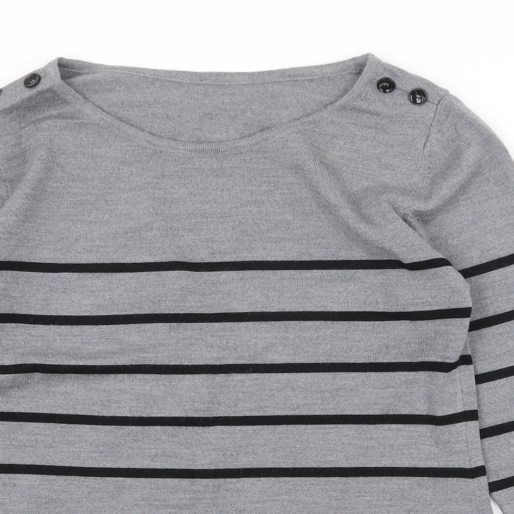 Jaeger Womens Grey Round Neck Striped Wool Pullover Jumper Size L