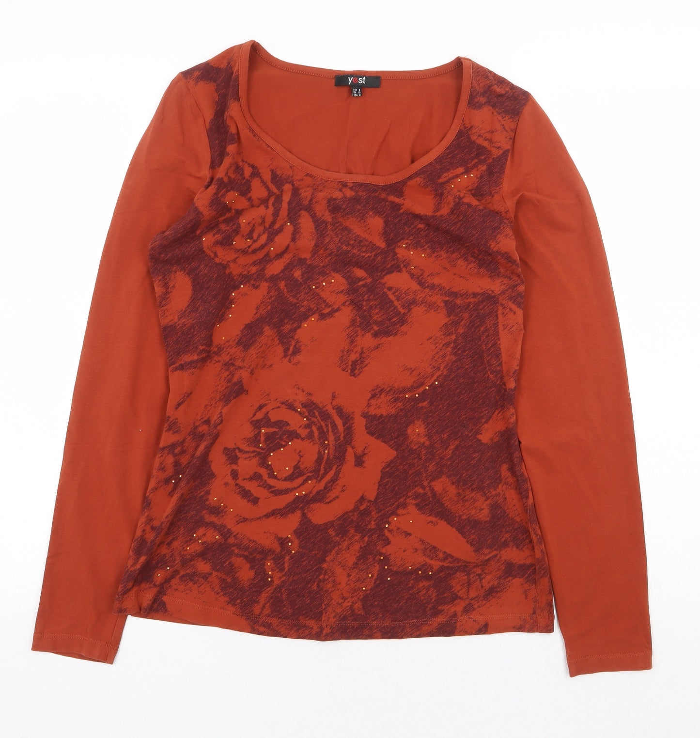 Yest Womens Orange Floral Cotton Basic T-Shirt Size S Scoop Neck