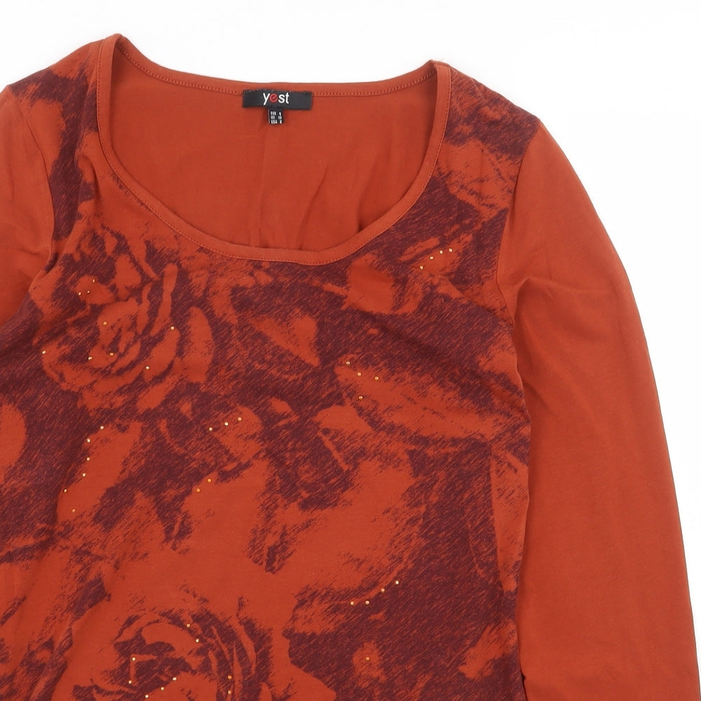 Yest Womens Orange Floral Cotton Basic T-Shirt Size S Scoop Neck