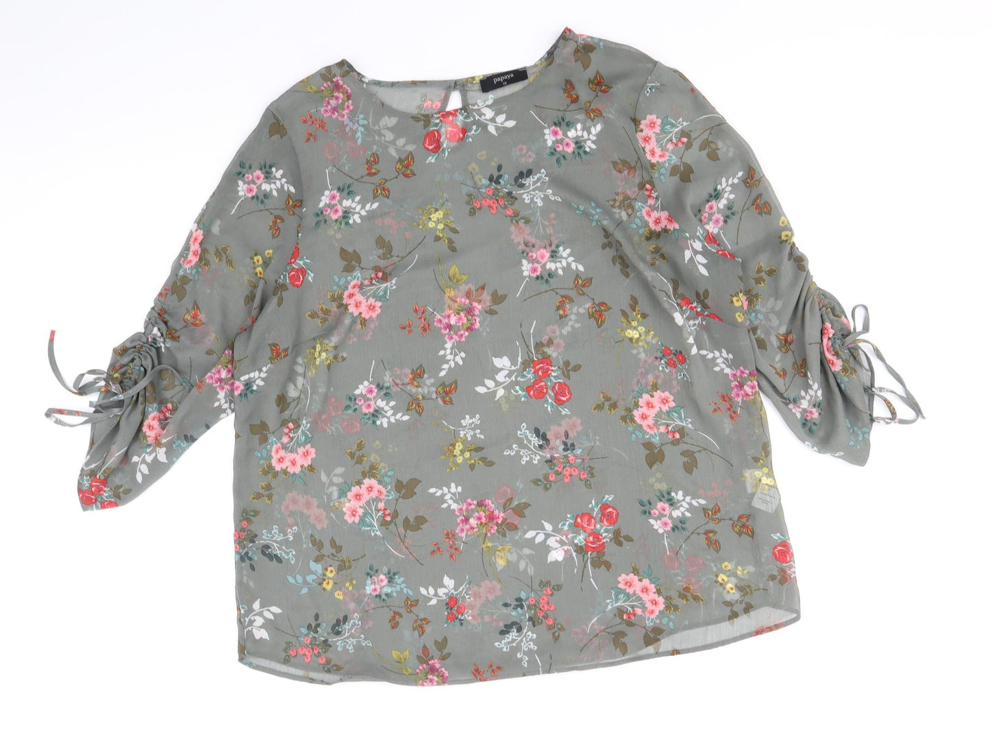 Papaya Womens Grey Floral Polyester Basic Blouse Size 18 Boat Neck - Ruched Sleeves