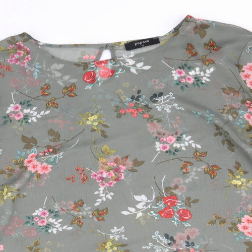 Papaya Womens Grey Floral Polyester Basic Blouse Size 18 Boat Neck - Ruched Sleeves