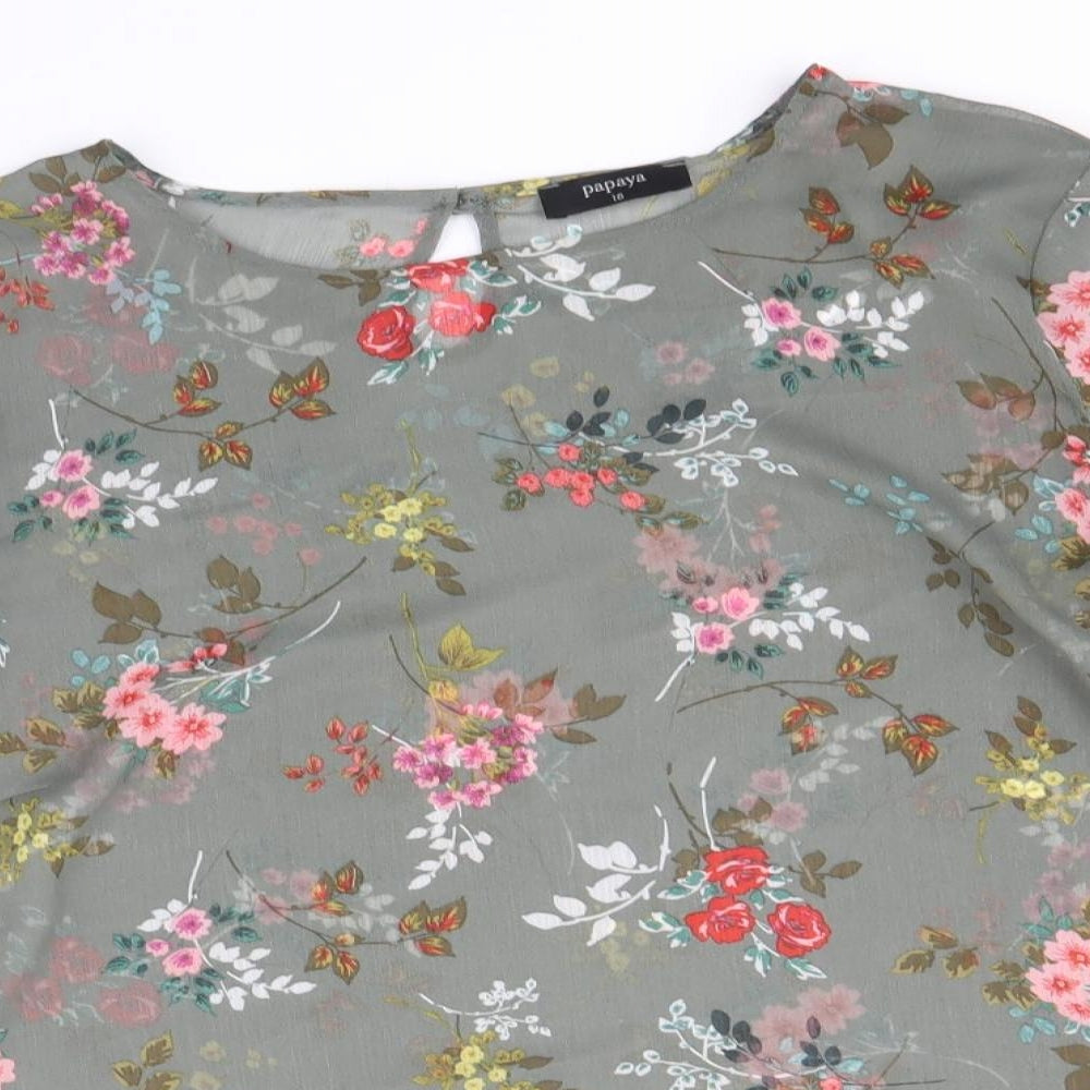 Papaya Womens Grey Floral Polyester Basic Blouse Size 18 Boat Neck - Ruched Sleeves