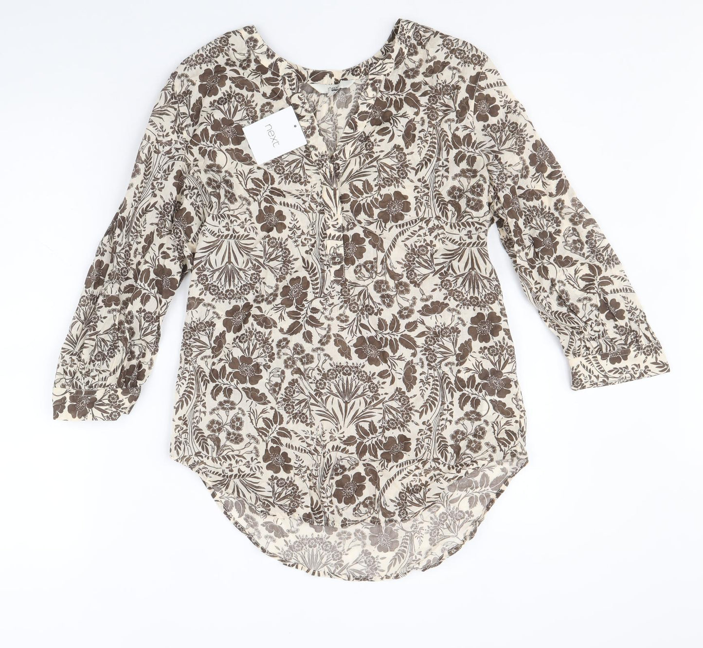 NEXT Womens Brown Floral 100% Cotton Basic Blouse Size 6 Boat Neck