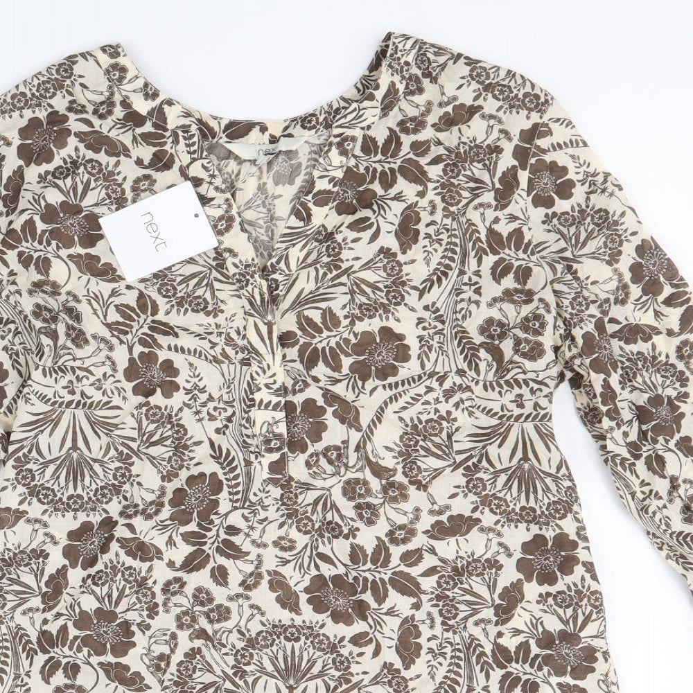 NEXT Womens Brown Floral 100% Cotton Basic Blouse Size 6 Boat Neck
