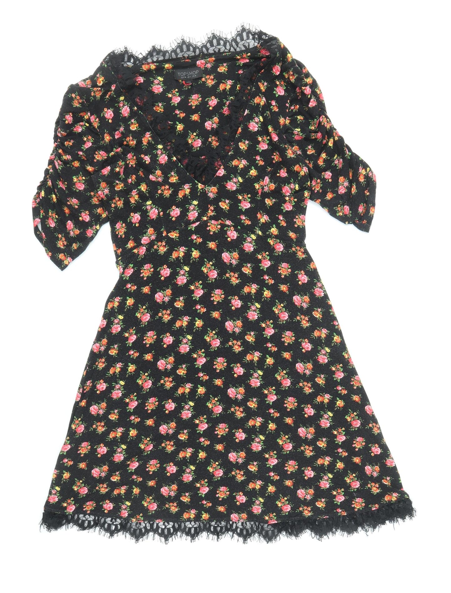 Topshop Womens Black Floral Viscose Fit & Flare Size 8 V-Neck Pullover