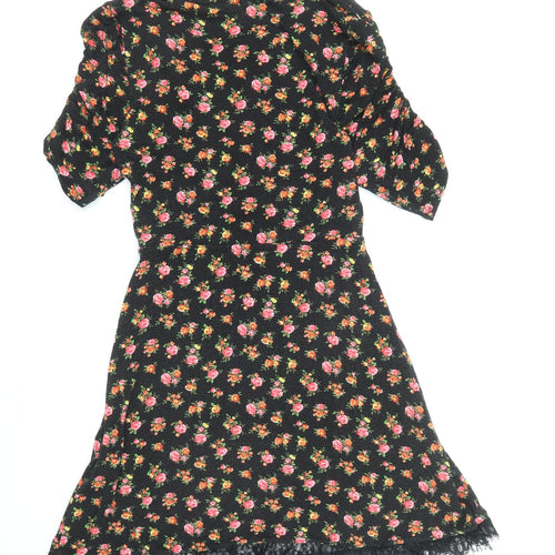 Topshop Womens Black Floral Viscose Fit & Flare Size 8 V-Neck Pullover