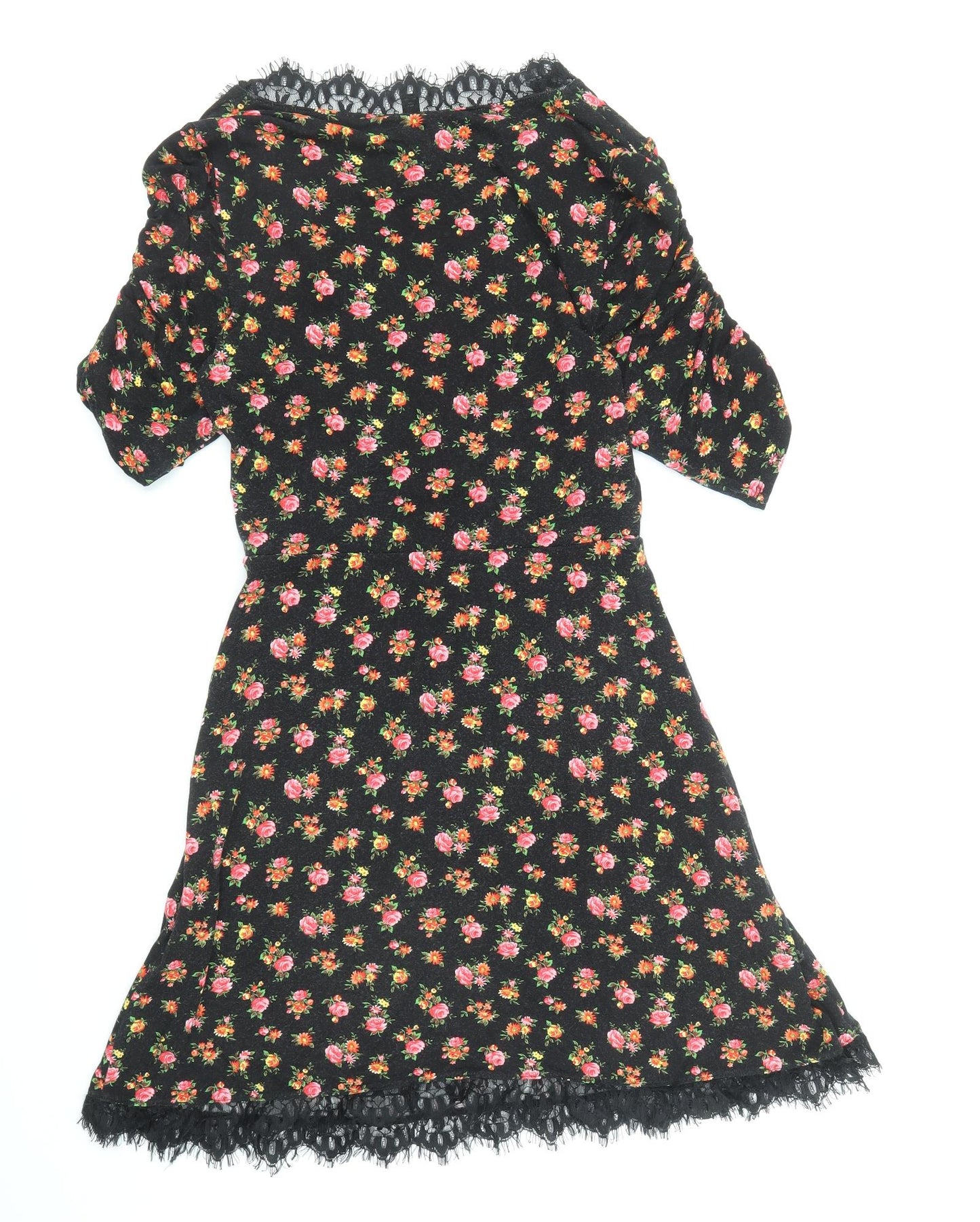 Topshop Womens Black Floral Viscose Fit & Flare Size 8 V-Neck Pullover