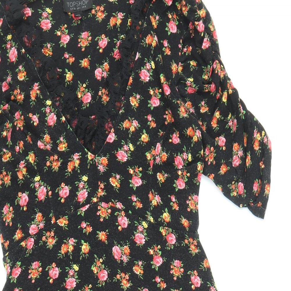 Topshop Womens Black Floral Viscose Fit & Flare Size 8 V-Neck Pullover